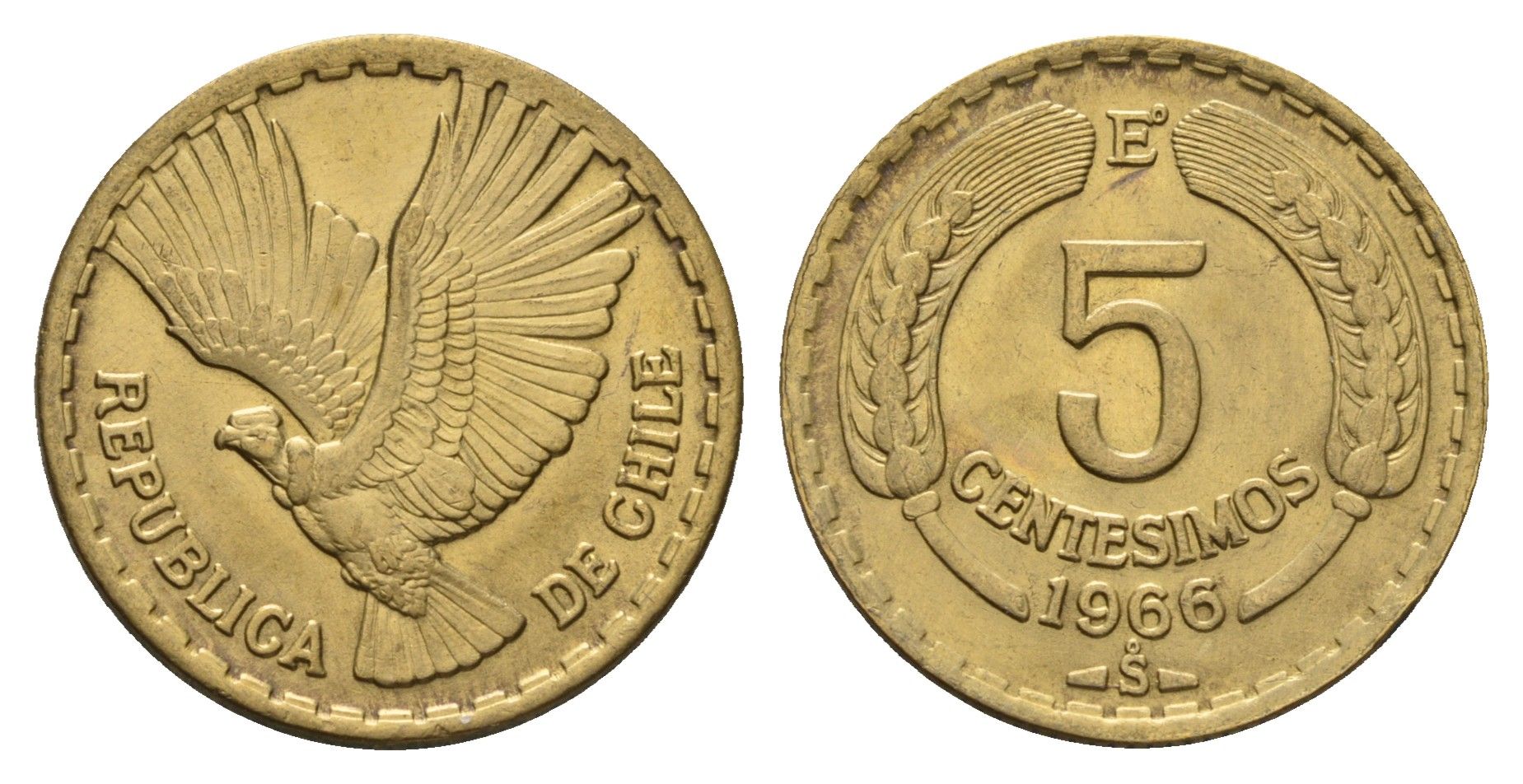 Чили 5 сентесимо 1966 KM 190 алюминиевая бронза aUNC 91-614