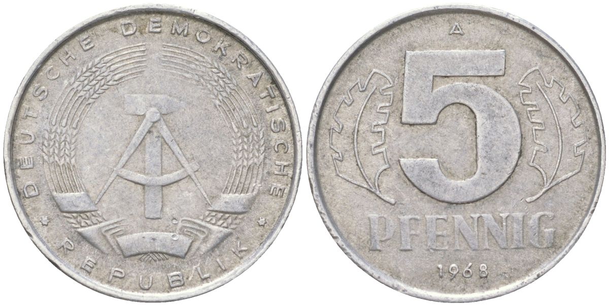 ГДР 5 пфеннигов 1968 A KM 9.1 алюминий 4613-944