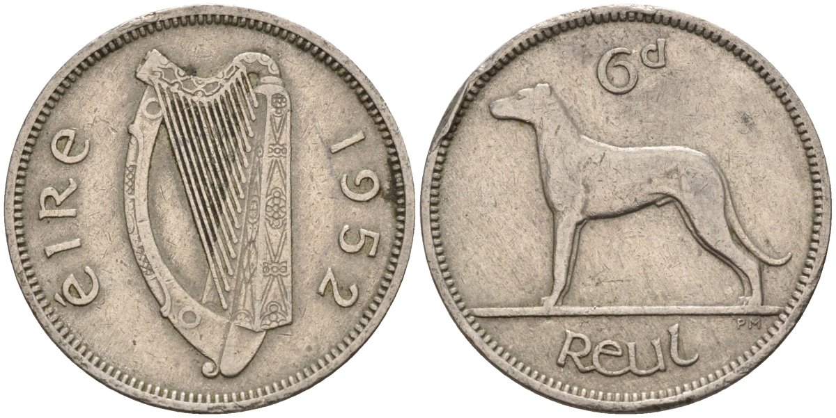 Ирландия 6 пенсов 1952 ирландский волкодав KM 13a медно-никель 4146-443