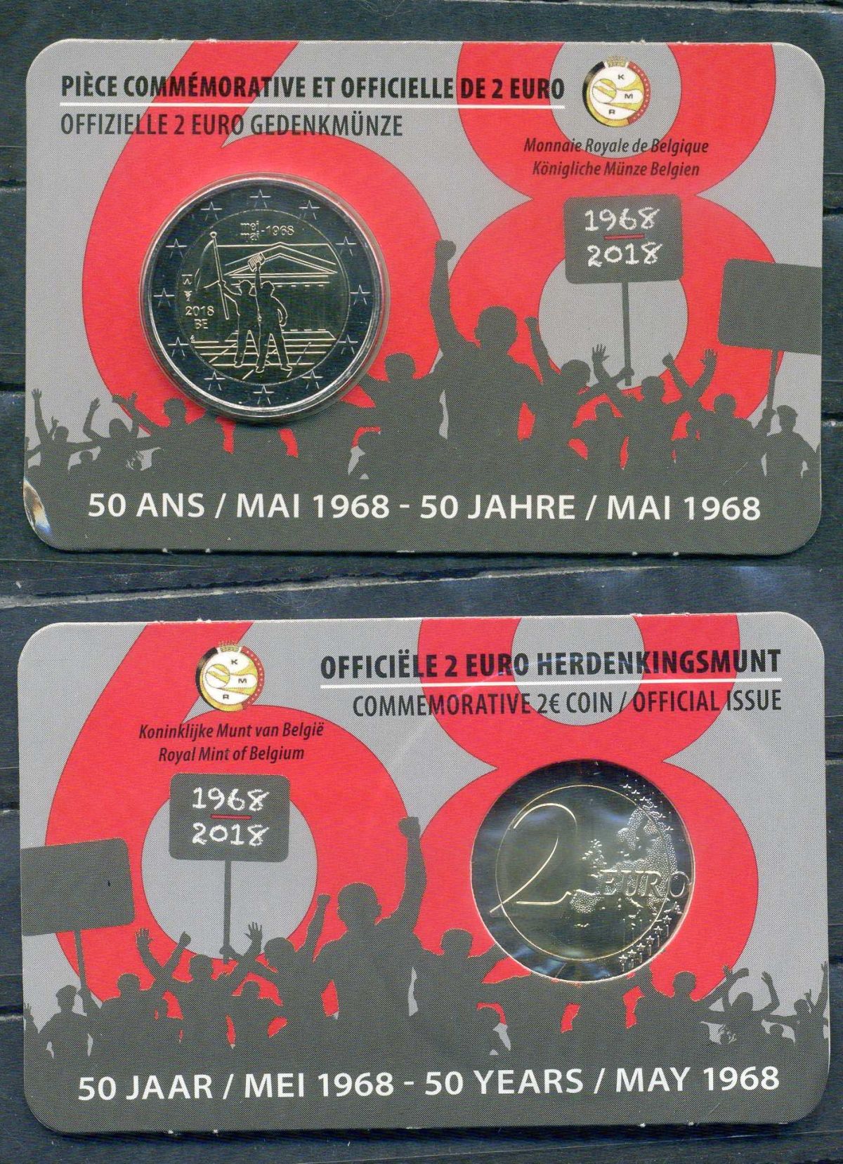 Бельгия 2 евро 2018 50 лет студенческим волнениям 1968 года, в оригинальном блистере KM 374 биметалл BU 2-6-3-41