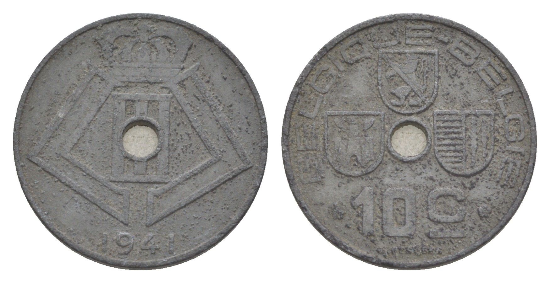 Бельгия 10 сантимов 1941 Belgique - Belgie, Леопольд III (1934-1947), германская оккупация, Вторая мировая война KM 125 цинк 4639-214