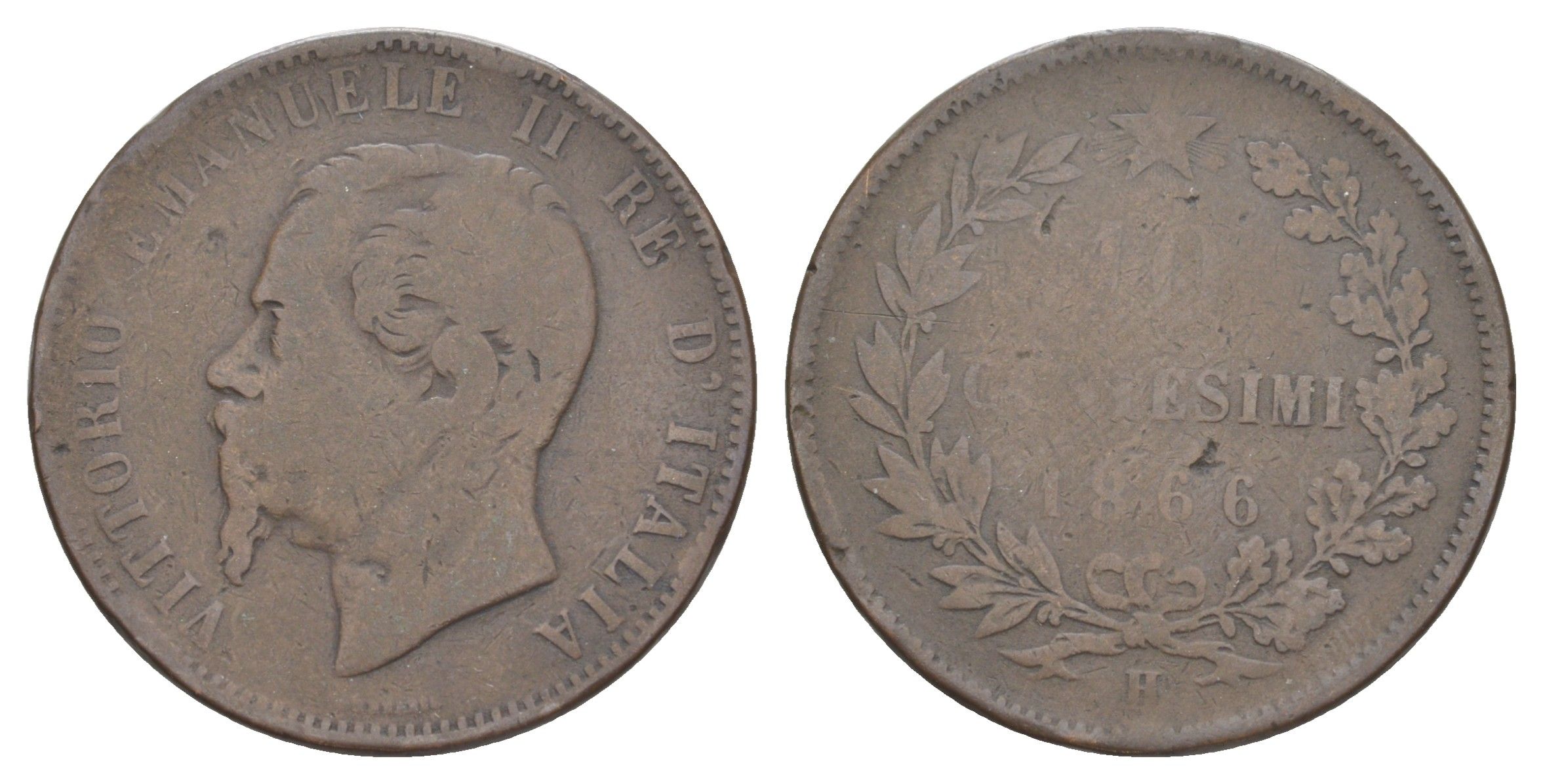 Италия 10 чентезимо 1866 H, Виктор Эммануил II (1861-1878) KM 11.3 медь 4150-1111