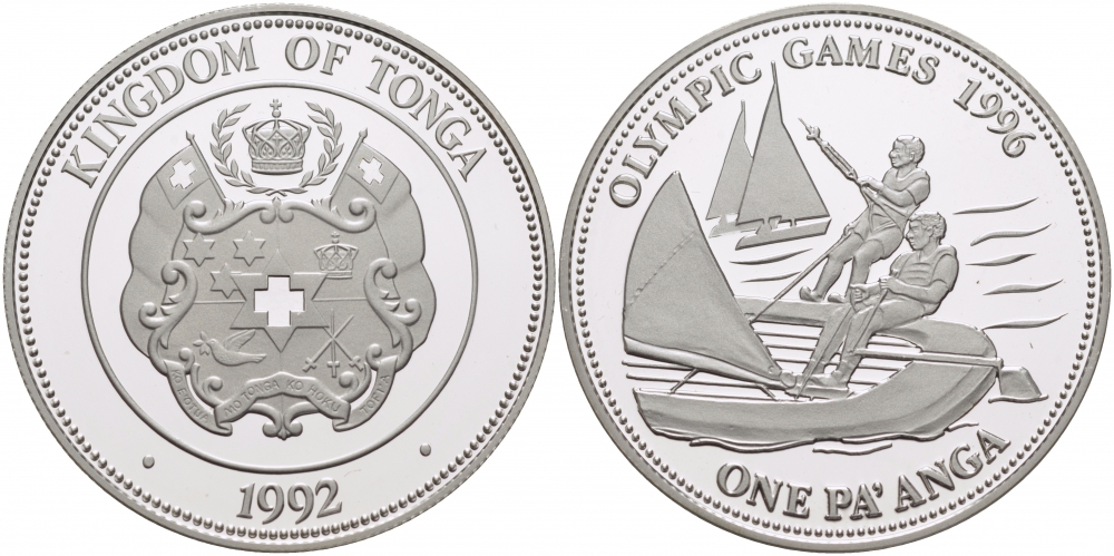 Тонга 1 паанга 1992 XXVI летние Олимпийские игры 1996 года в Атланте, парусный спорт KM 156 серебро PROOF 1080-5-22
