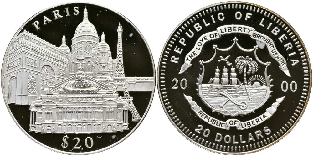 Либерия 20 долларов 2000 серия памятники архитектуры, Париж серебро PROOF 1066-3-34