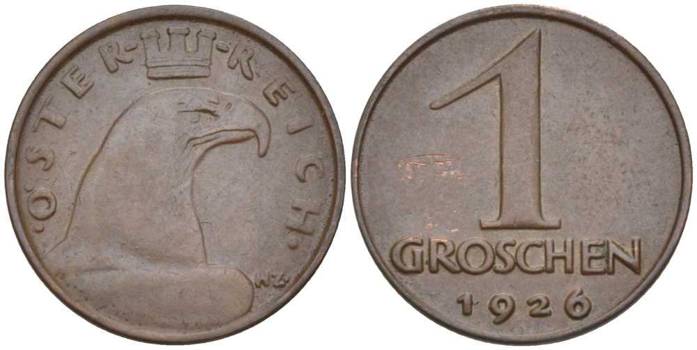 АВСТРИЯ 1 ГРОШ 1926 ДОВОЕННАЯ ДЕСЯТИЧНАЯ ЧЕКАНКА KM 2836 бронза 201-152