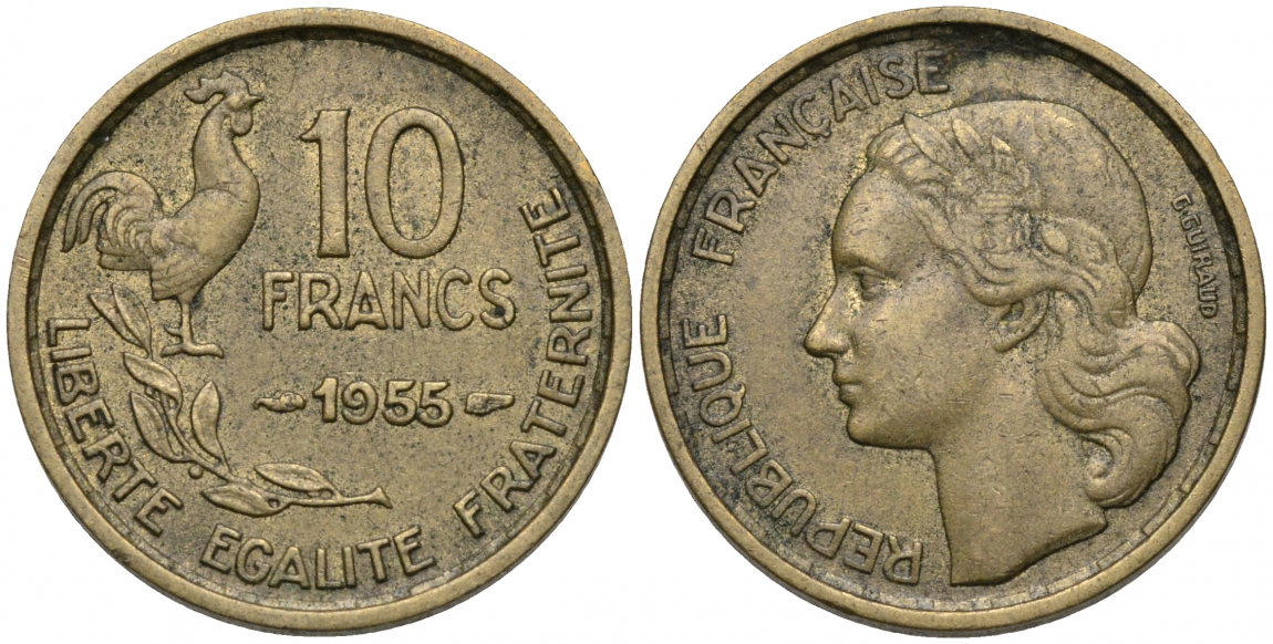 ФРАНЦИЯ 10 ФРАНКОВ 1955 KM 915.1 алюминиевая бронза 51-2616