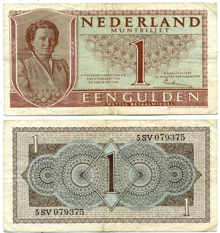 НИДЕРЛАНДЫ 1 ГУЛЬДЕН 1945 Pick 70 бумага 6279-19-3-1