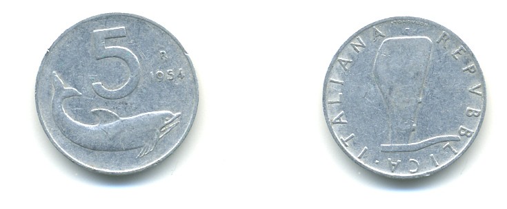 ИТАЛИЯ 5 ЛИР 1954 R, РУЛЬ, ДЕЛЬФИН KM 92 алюминий 80-1232