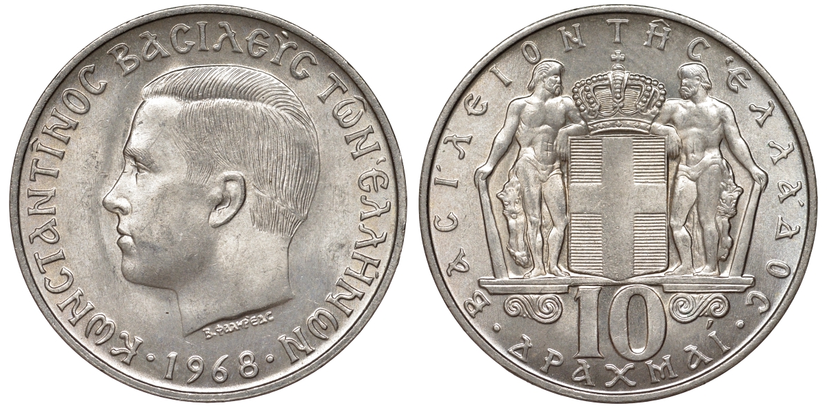 Греция 10 драхм 1968 Константин II (1964-1973) KM 96 медно-никель UNC 51-1435