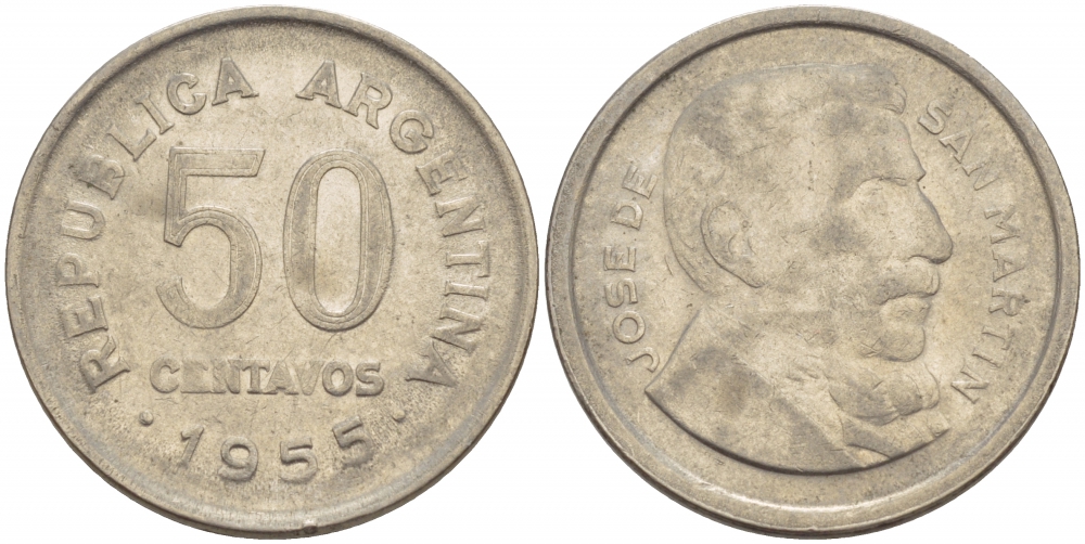 Аргентина 50 сентаво 1955 генерал Хосе де Сан Мартин KM 49 сталь плакированная никелем 4548-335