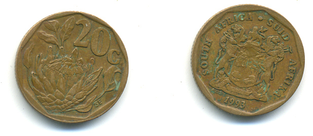 ЮАР 20 центов 1993 герб, цветок протея KM 136 сталь плакированная латунью 177-513