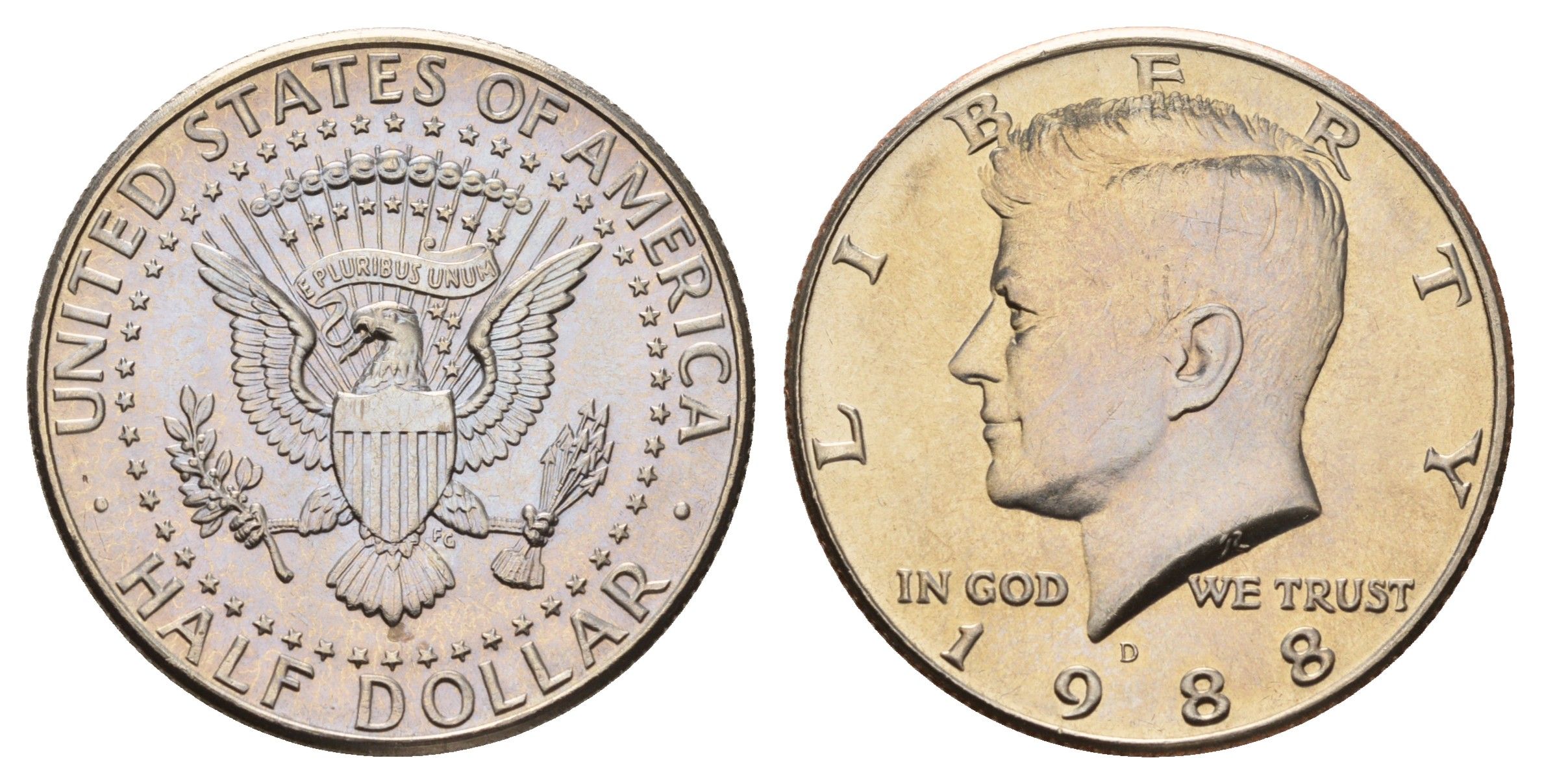 США 1/2 доллара (50 центов) 1988 D, Джон Кеннеди KM A202b медь плакированная медно-никелем UNC 4672-634