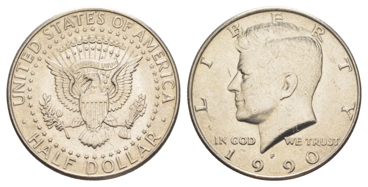 США 1/2 доллара (50 центов) 1990 P, Джон Кеннеди KM A202b медь плакированная медно-никелем aUNC 4517-624