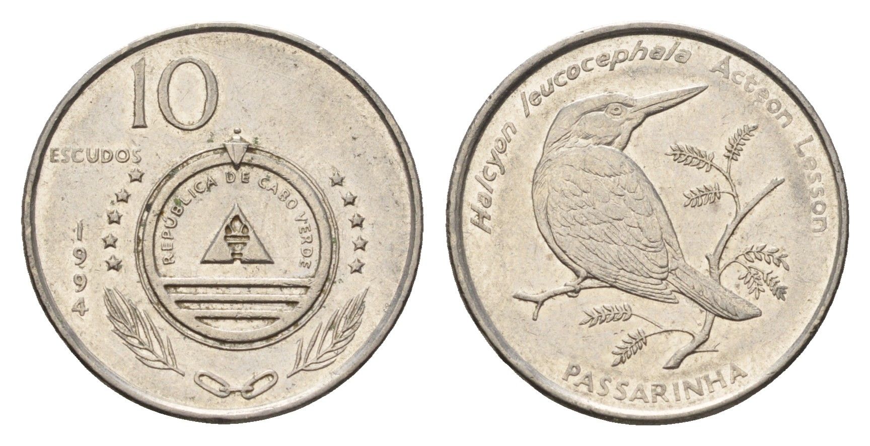 Кабо-Верде 10 эскудо 1994 Птицы - Сероголовая альциона (halcyon leucocephala) KM 29 сталь плакированная никелем 4703-514