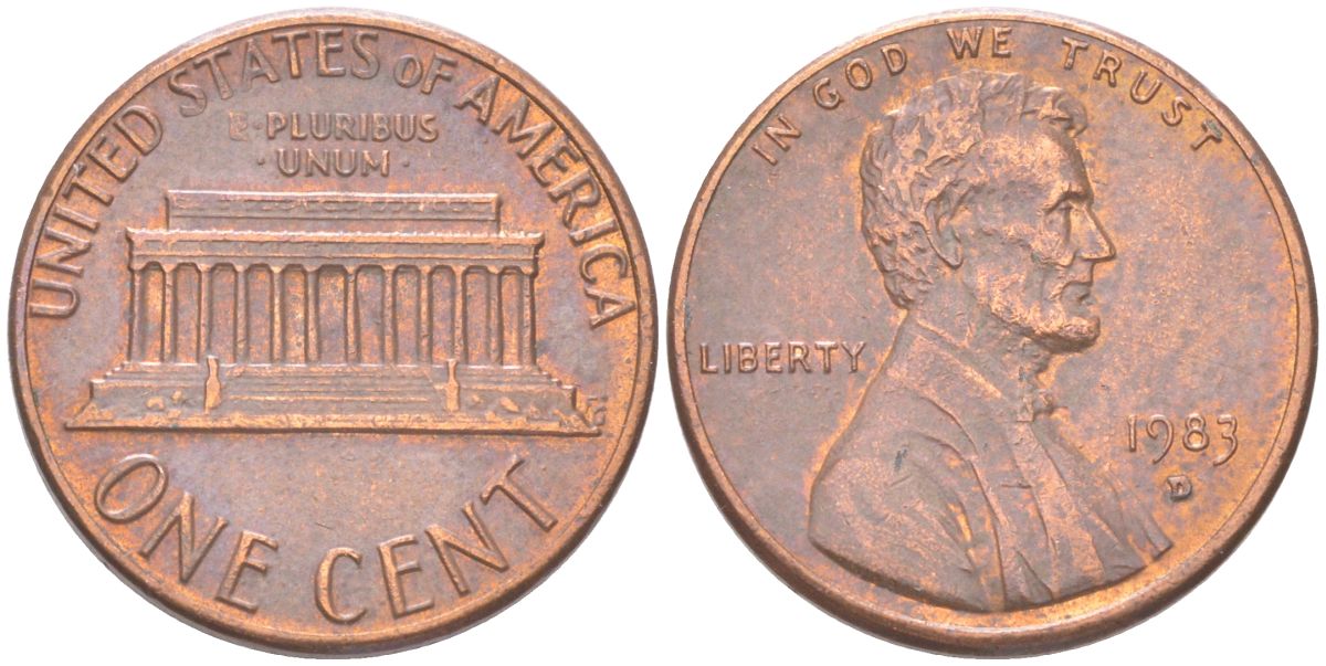 США 1 цент 1983 D, Линкольн KM 201b цинк плакированный медью 4613-1245