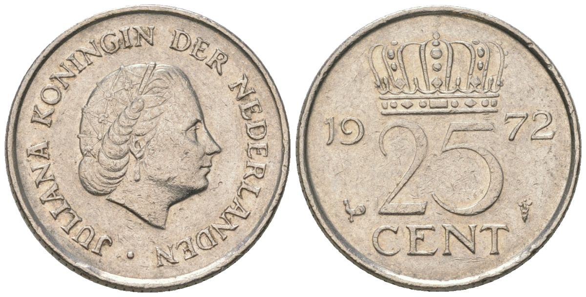 Нидерланды 25 центов 1972 Юлиана (1948-1980) KM 183 никель 4564-1127