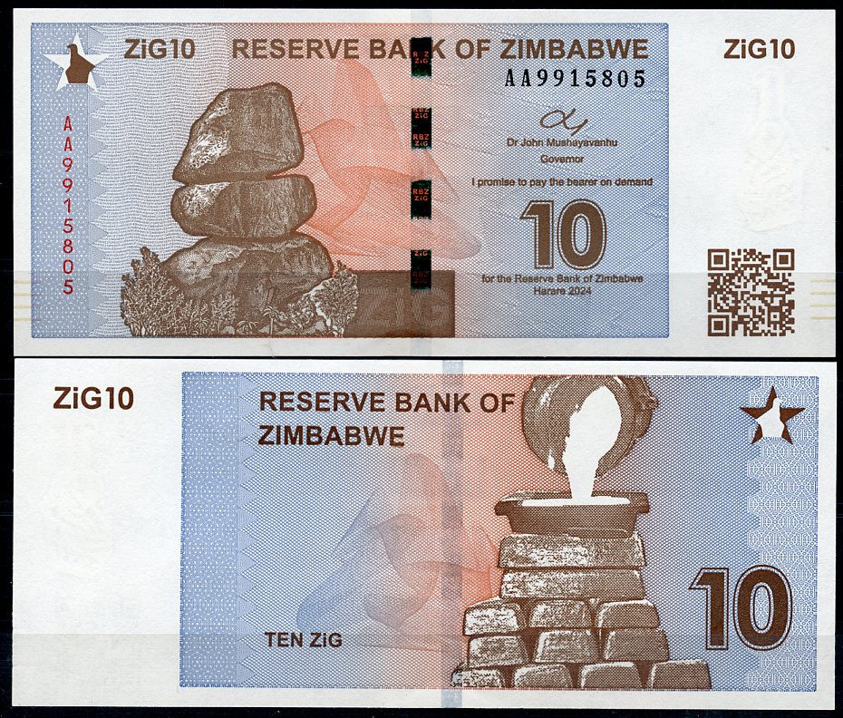 Зимбабве 10 золотых зимбабве 2024 разливка жидкого золота Pick 110 a  бумага  UNC (пресс) 448-84-3