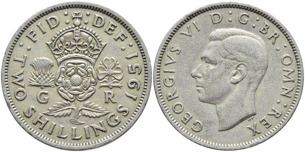 Великобритания 2 шиллинга (флорин) 1951 Георг VI (1936-1952) KM 878, Spink 4107 медно-никель 4394-1046