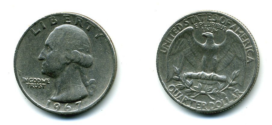 США 25 центов (квотер) 1967 Вашингтон KM 164a медь плакированная медно-никелем 72-621