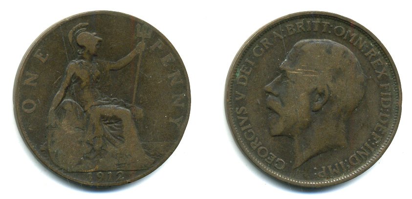 Великобритания 1 пенни 1912 Георг V (1910-1936) KM 810, Spink 4051 бронза 47-843
