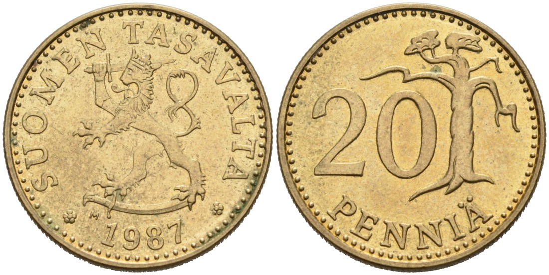 ФИНЛЯНДИЯ 20 ПЕННИ 1987 M KM 47 алюминиевая бронза 4563-341