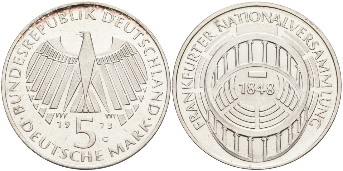 ФРГ 5 марок 1973 G, 125 лет Франкфуртскому парламенту J. 412, KM 137 серебро 88-231