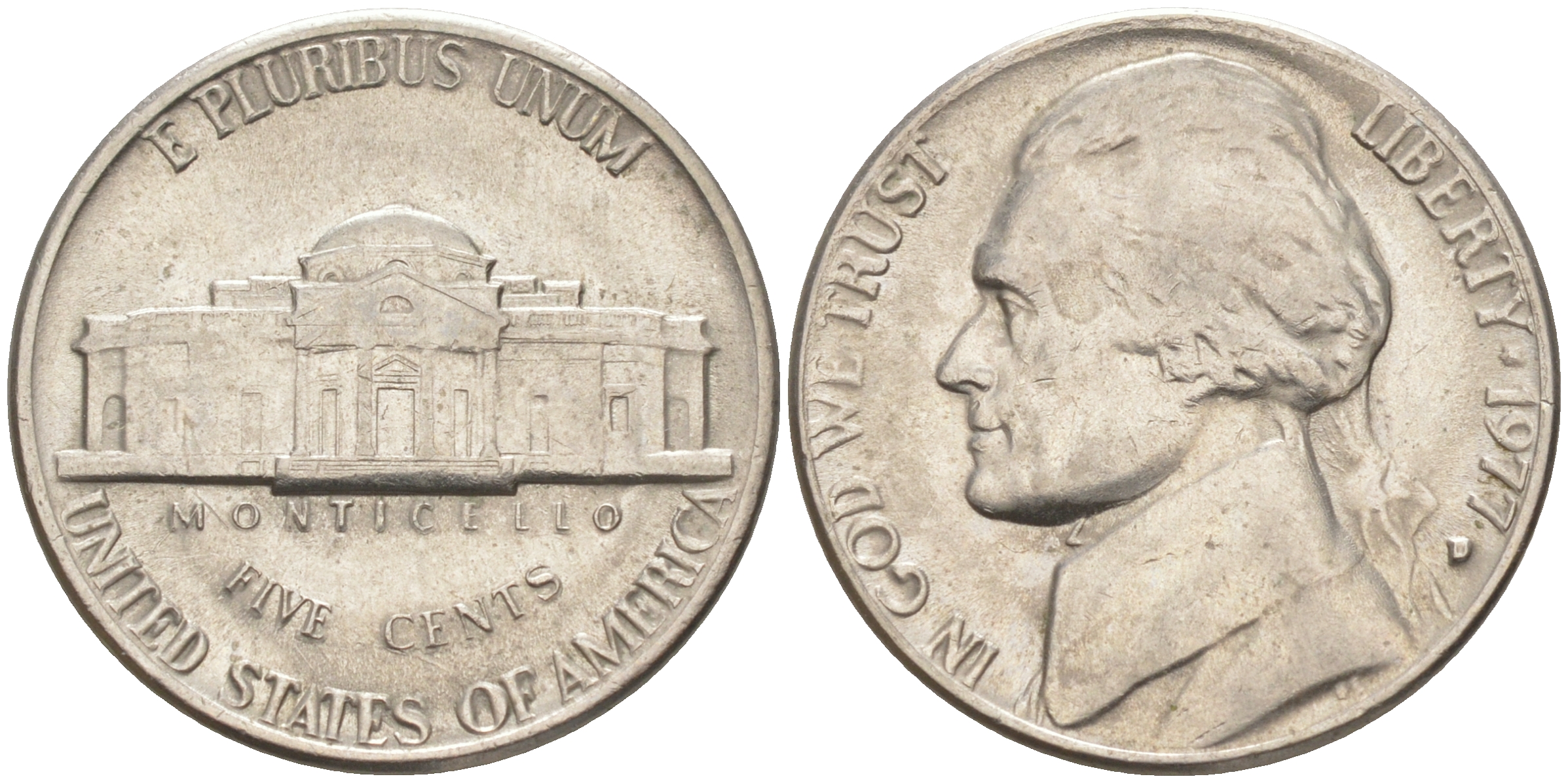 США 5 ЦЕНТОВ 1977 D ДЖЕФЕРСОН KM A192 медно-никель 63-1351