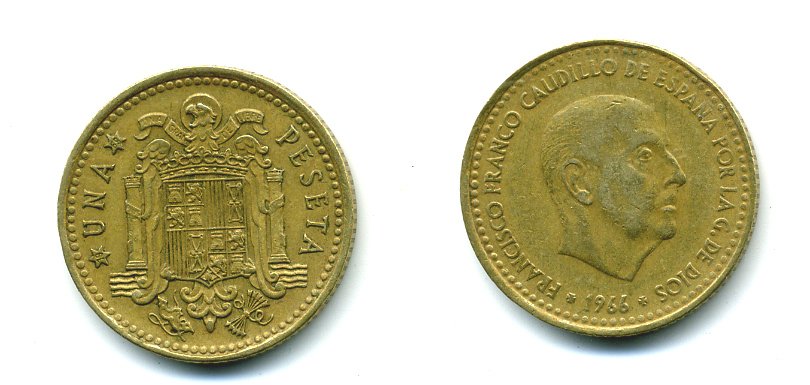 ИСПАНИЯ 1 ПЕСЕТА 1966 (69) ФРАНСИСКО ФРАНКО ДИКТАТОР ИСПАНИИ (1939-1975) КМ 796 алюминиевая бронза 54-255