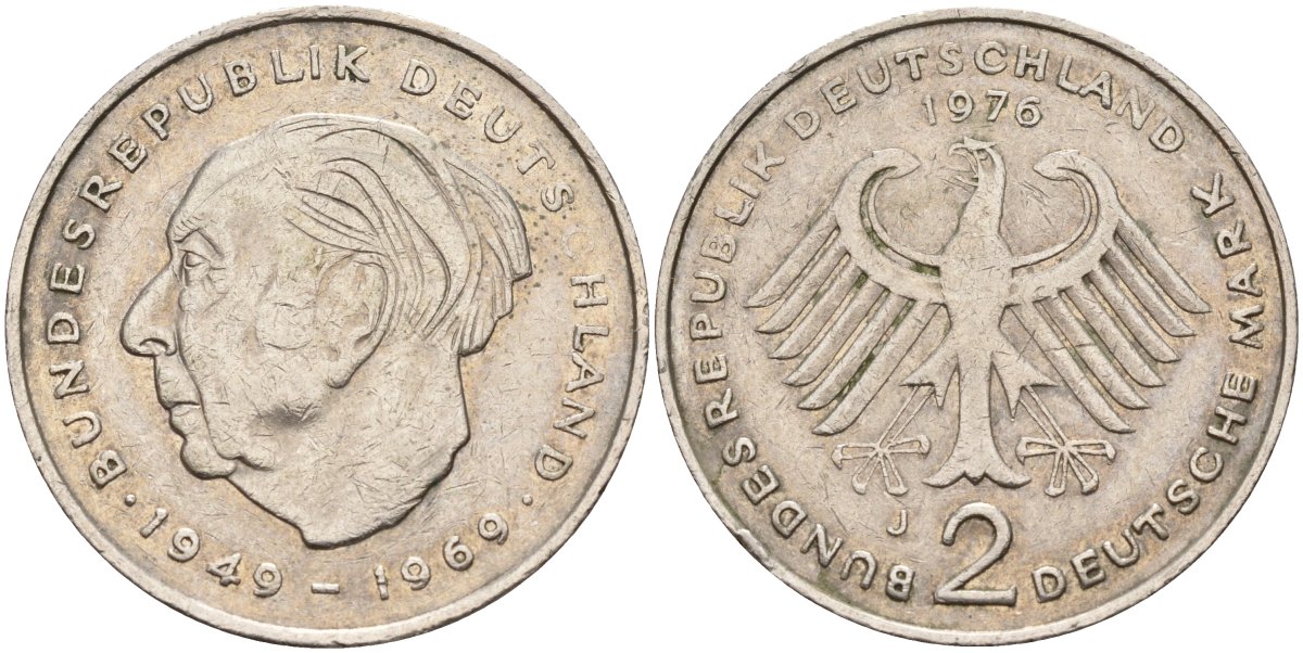 ФРГ 2 марки 1976 J, Теодор Хойс, 20 лет Федеративной Республике (1949-1969) KM A127, J. 407 медно-никель плакированный никелем 4168-424