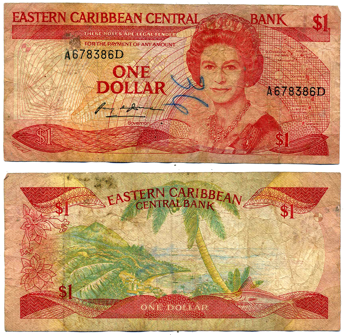 Восточно-Карибские штаты 1 доллар 1988-1989 TDLR, буква D Pick 21d бумага VF 2197-31-3-1