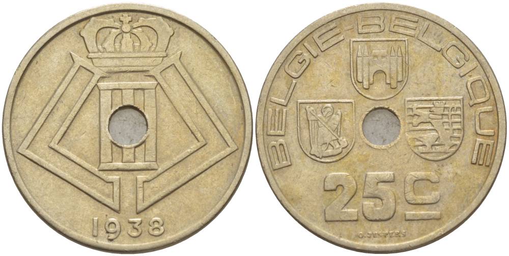 БЕЛЬГИЯ 25 САНТИМОВ 1938 BELGIE-BELGIQUE, МОНЕТНАЯ РОТАЦИЯ KM 115.1 никель латунь 4546-154