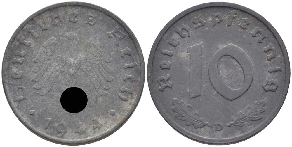 ГЕРМАНИЯ 10 РЕЙХСПФЕННИГОВ 1944 D KM 101, J. 371 цинк 4401-537