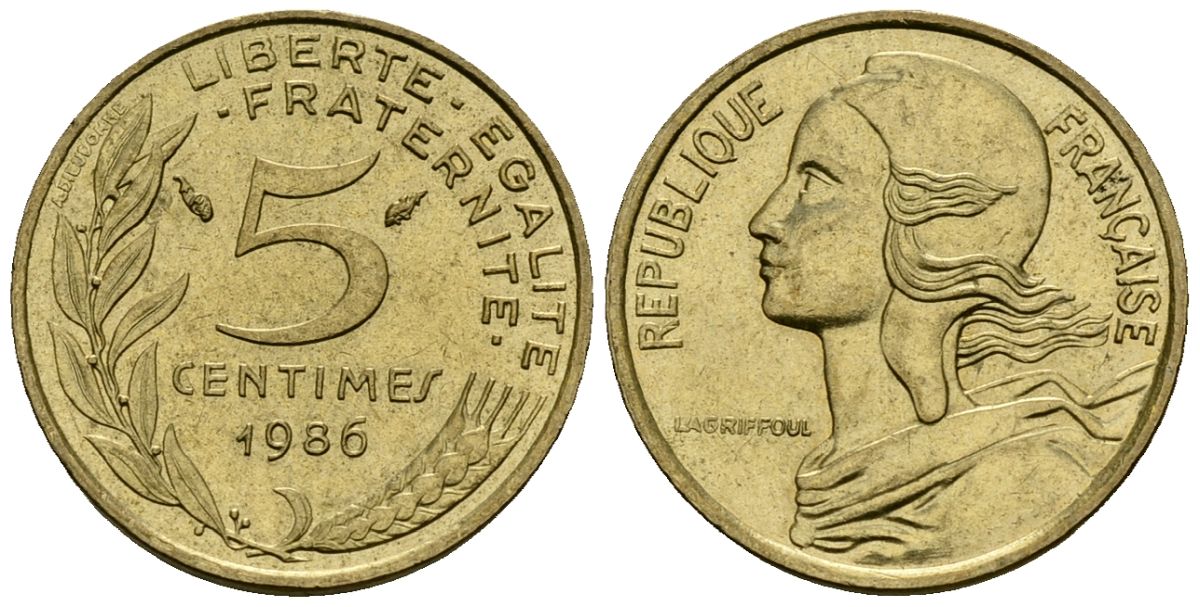 Франция 5 сантимов 1986 KM 933 алюминиевая бронза 4173-944