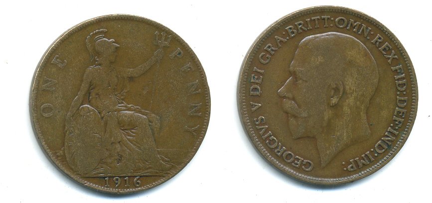 Великобритания 1 пенни 1916 Георг V (1910-1936) КМ 810, Spink 4051 бронза 37-1213