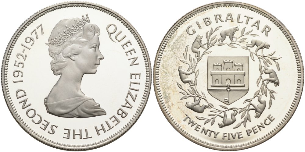 Гибралтар 25 пенсов 1977 25 лет правления Елизаветы II (1952-1977) KM 10a серебро PROOF 00-00