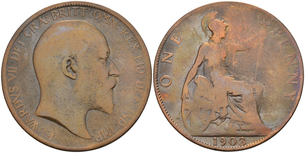 Великобритания 1 пенни 1903 Эдуард VII (1901-1910) KM 794.2, Sp 3990 бронза 115-1036