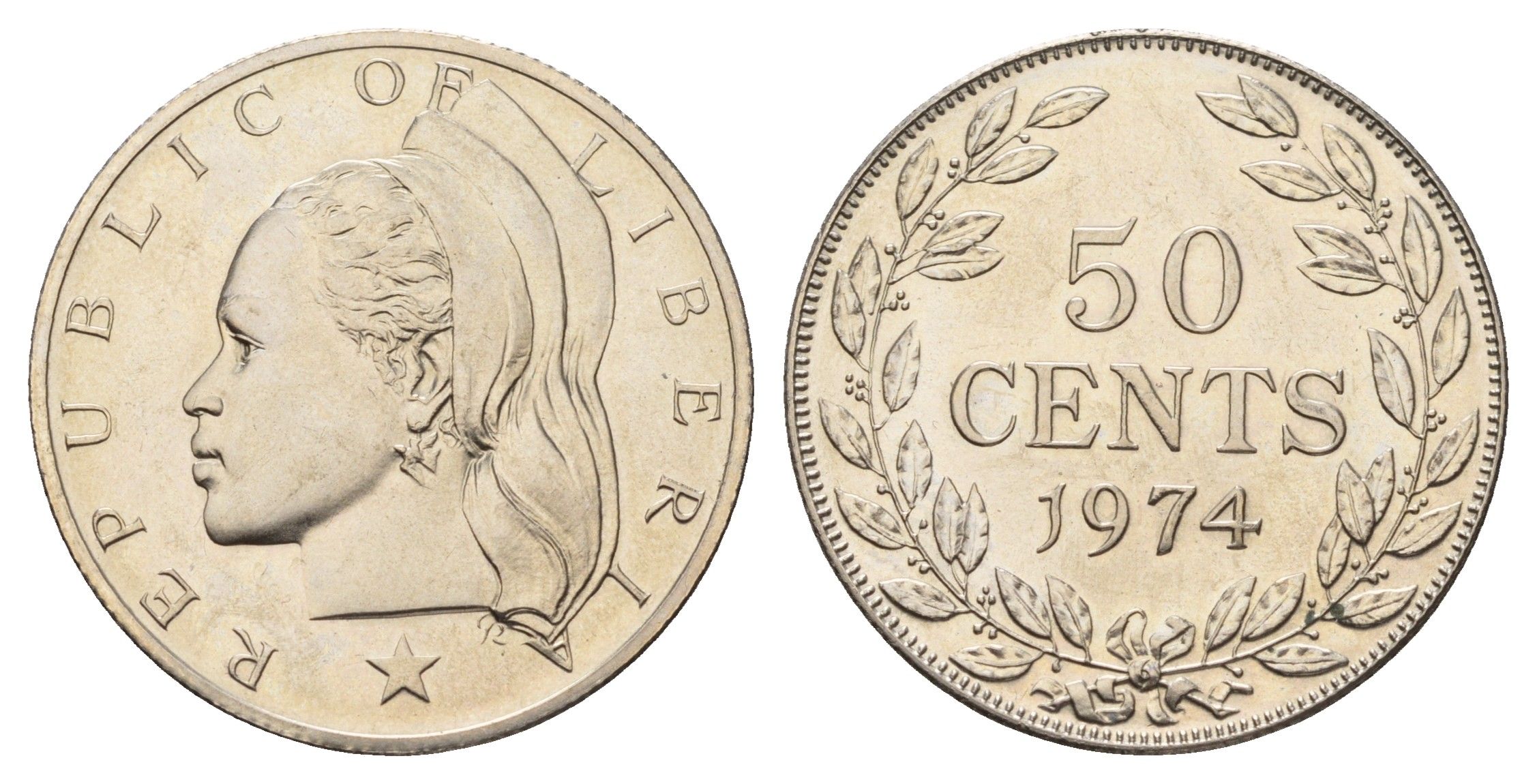 Либерия 50 центов 1974 KM 17a.2 медно-никель aUNC 4678-211