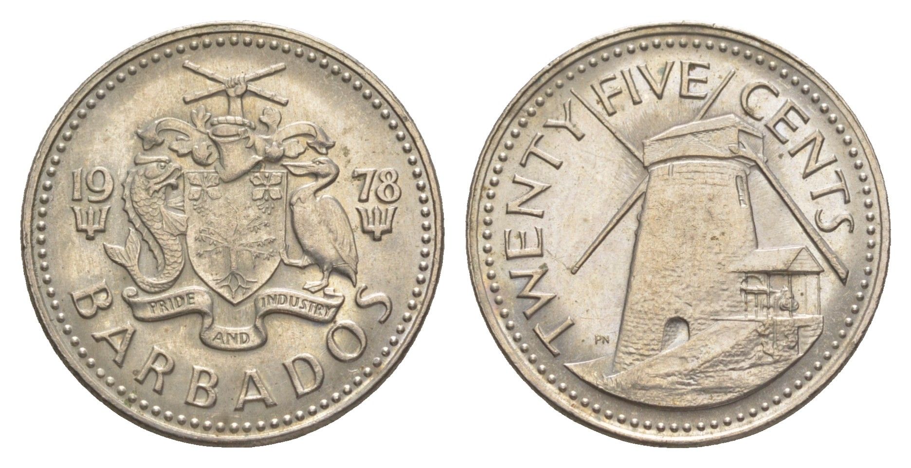 Барбадос 25 центов 1973 ветряная мельница Моргана Льюиса KM 13 медно-никель UNC 4637-252