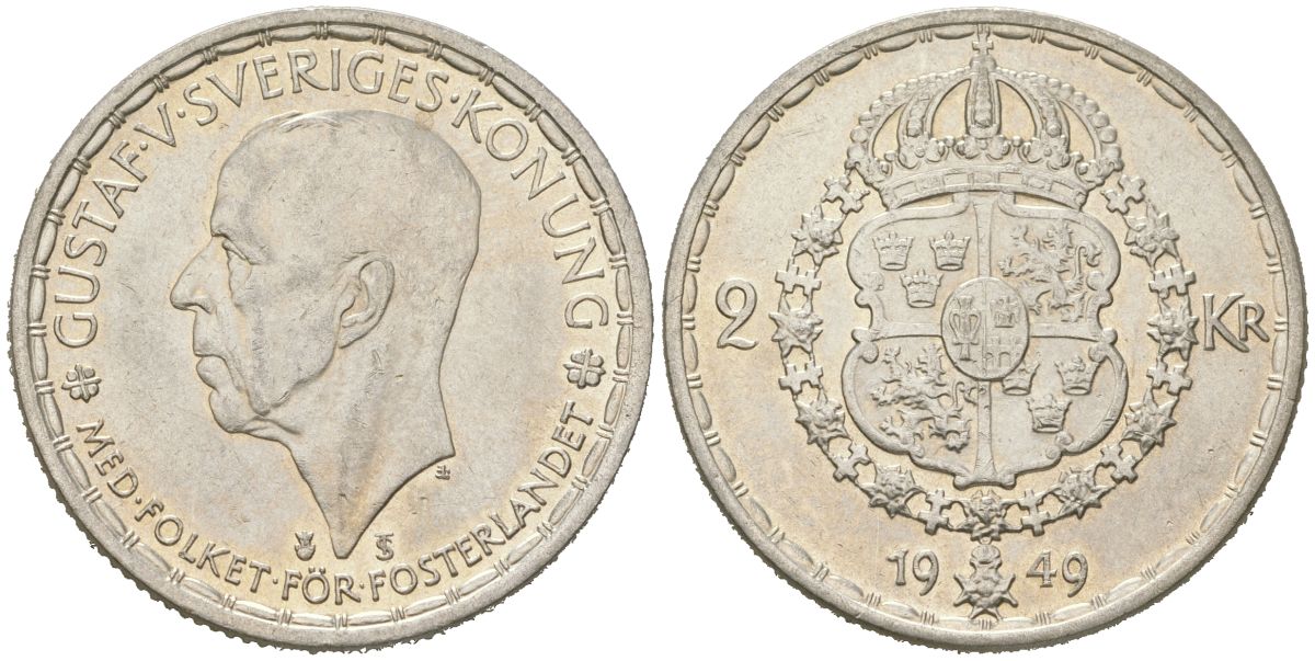 Швеция 2 кроны 1949 TS, Густав V (1907-1950) KM 815 серебро aUNC 38-611