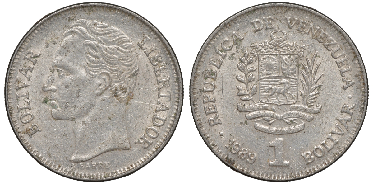 Венесуэла 1 боливар 1989 тонкий шрифт Y 52a.2 сталь плакированная никелем 4606-531