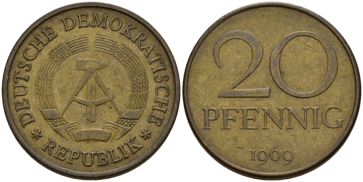 ГДР 20 пфеннигов 1969 A, первый год KM 11 латунь 92-732
