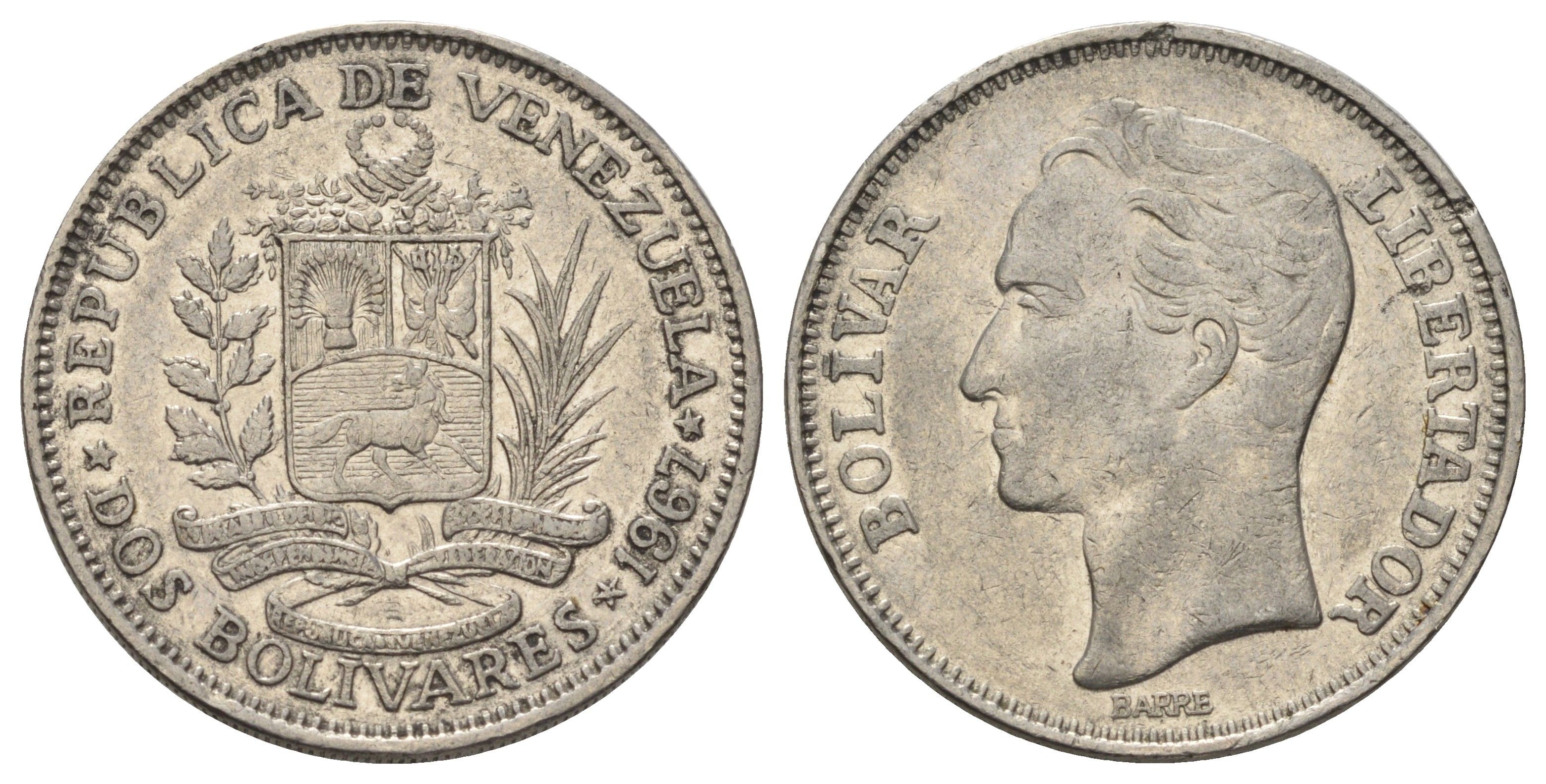 Венесуэла 2 боливара 1967 Симон Боливар Y 43 никель 4393-145