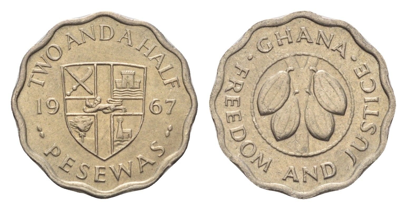 Гана 2 1/2 песевы 1967 год-тип KM 14 медно-никель UNC 4668-615