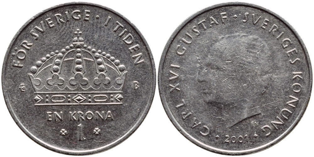 Швеция 1 крона 2001 Карл XVI Густав (1973- ) KM 894 медно-никель 4364-141