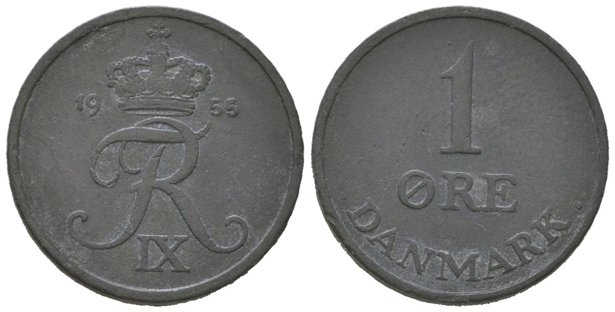 Дания 1 эре 1955 N; S, Фредерик IX (1947-1972) KM 839 цинк 211-166