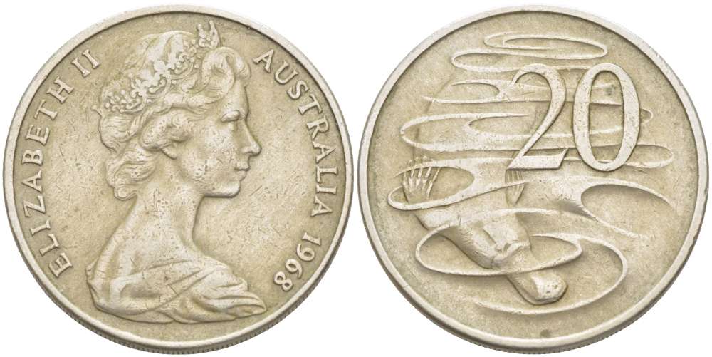 Австралия 20 центов 1968 Елизавета II (1952-2022), утконос KM 66 медно-никель 4521-116