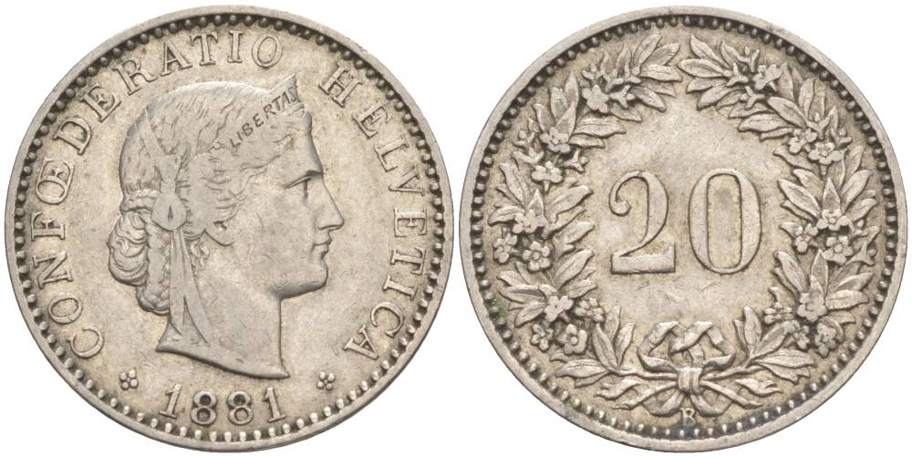 ШВЕЙЦАРИЯ 20 РАППЕНОВ 1881 В KM 29 никель 55-553