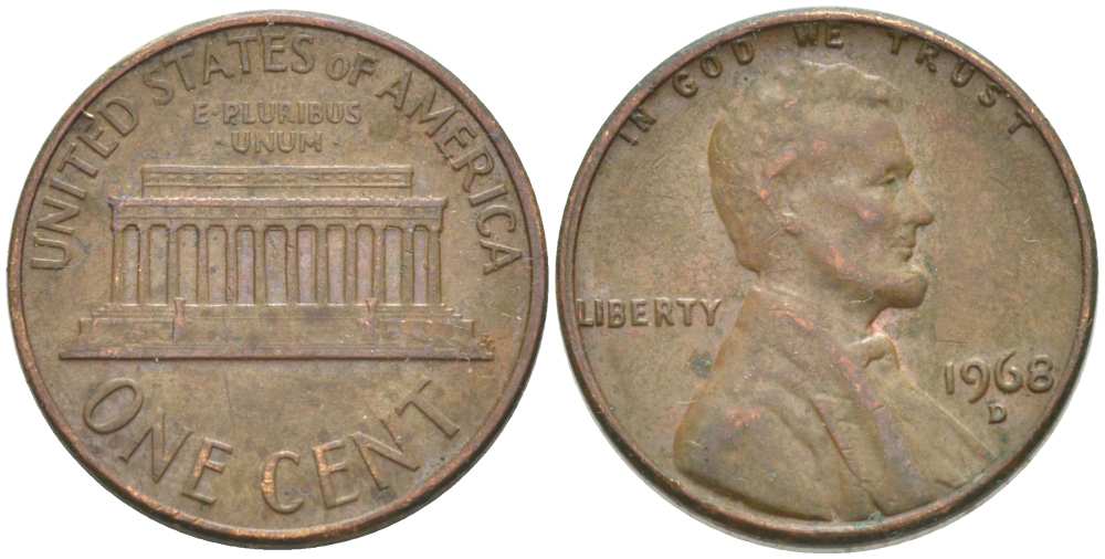 США 1 ЦЕНТ 1968 D, ЛИНКОЛЬН KM 201 медь цинк 217-1116