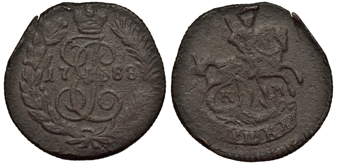 Россия полушка 1788 Екатерина II (1762-1796) КМ 55.4, Узд. 2807 (черта), Биткин 846 ( R), 5 рублей по Ильину медь 00-813-74