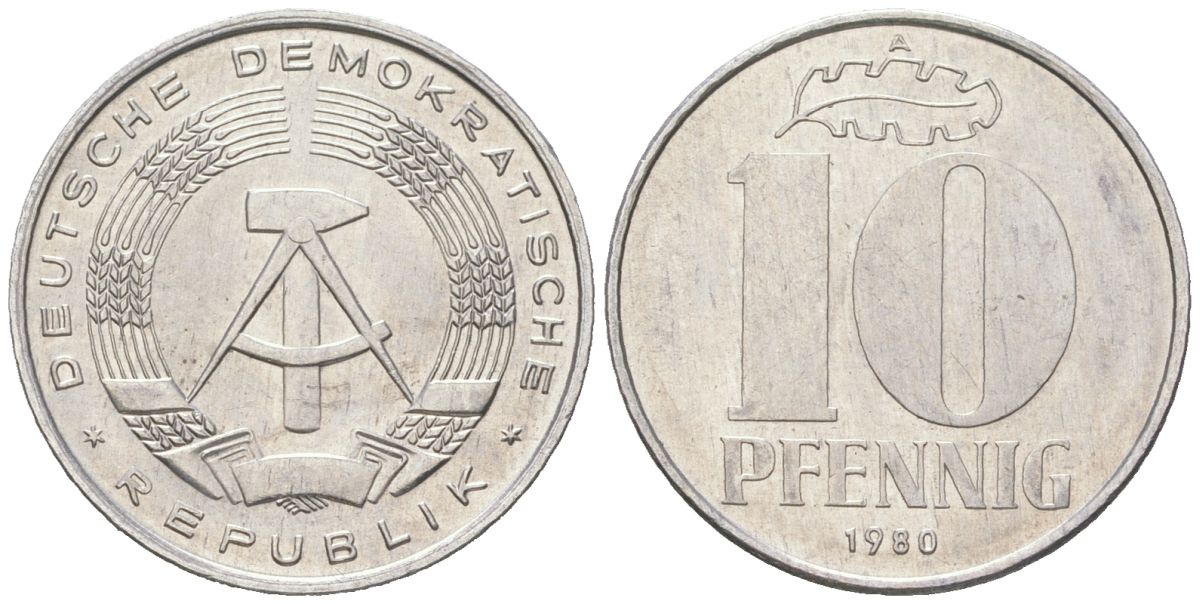 ГДР 10 пфеннигов 1980 A KM 10 алюминий 201-1033